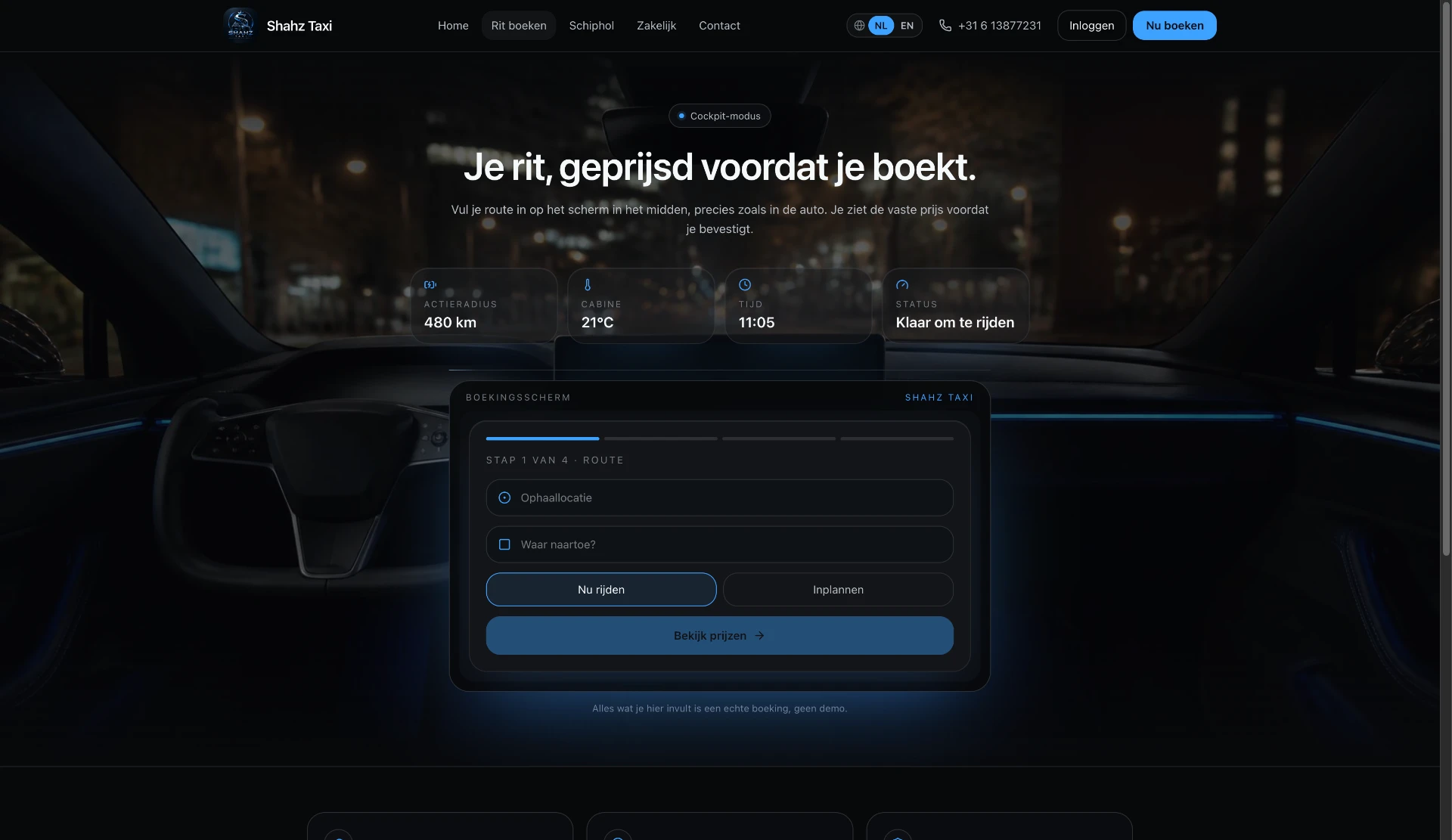 Cockpit-style booking screen of the Shahz Taxi website with route, time and status indicators, captured on a desktop viewport.
