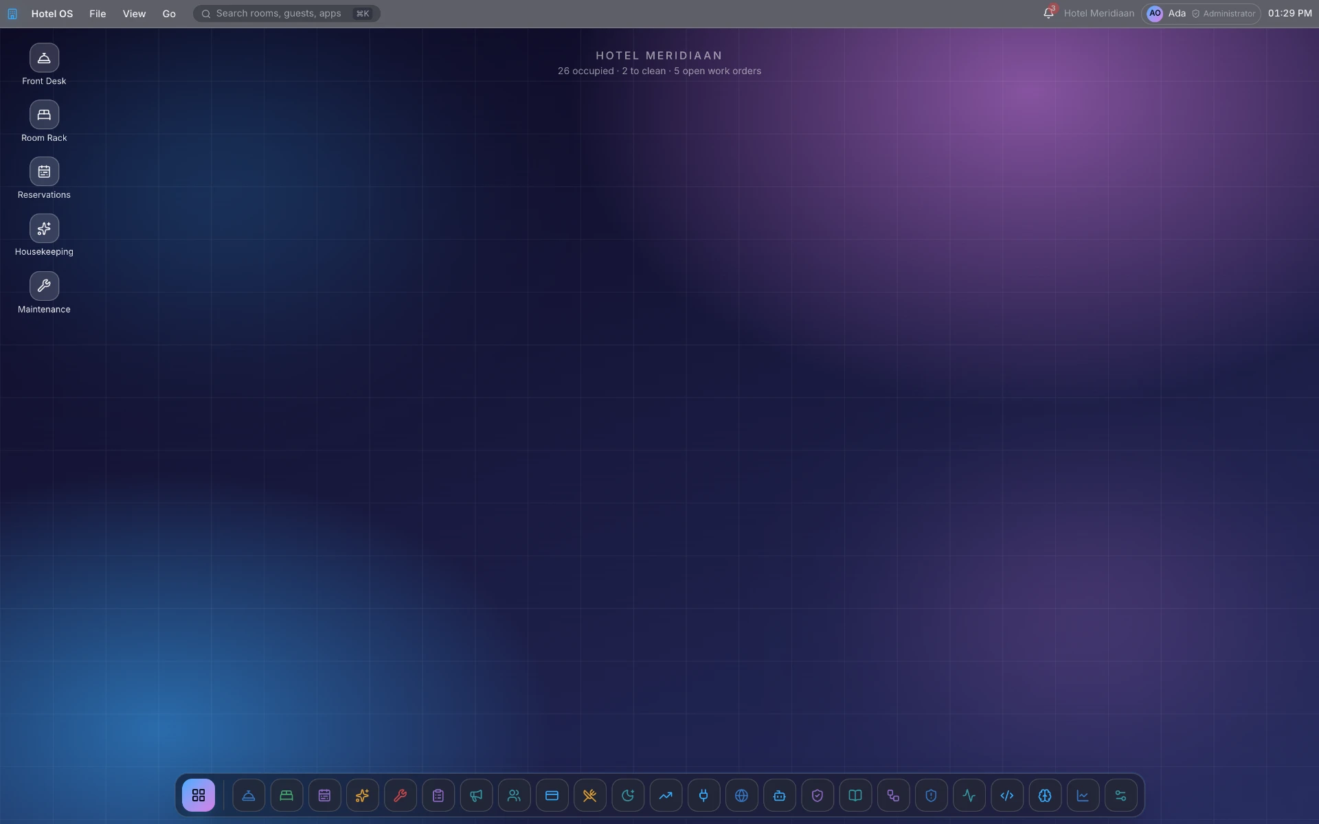 Hotel OS desktop environment with the module sidebar, hotel status bar and app dock at the bottom, captured on a desktop viewport.