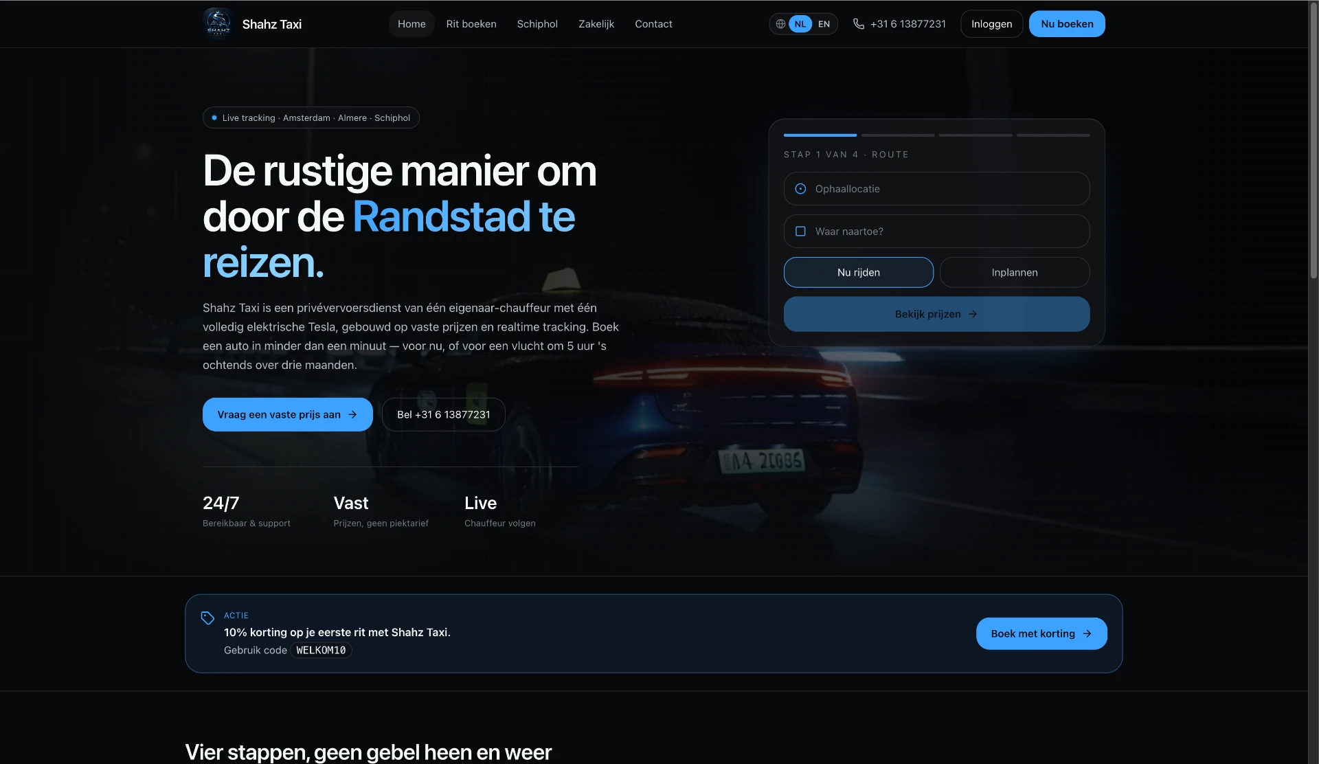 Public Shahz Taxi homepage with the hero headline and the multi-step booking widget, captured on a desktop viewport.