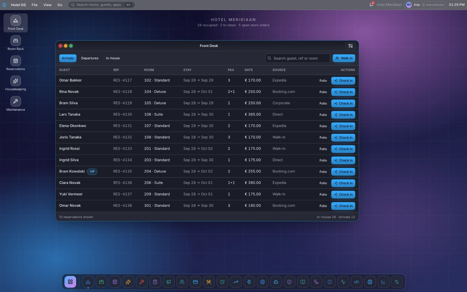 Hotel OS Front Desk window showing the arrivals list with guest, reference, room, stay, pax, rate, source and check-in actions, captured on a desktop viewport.