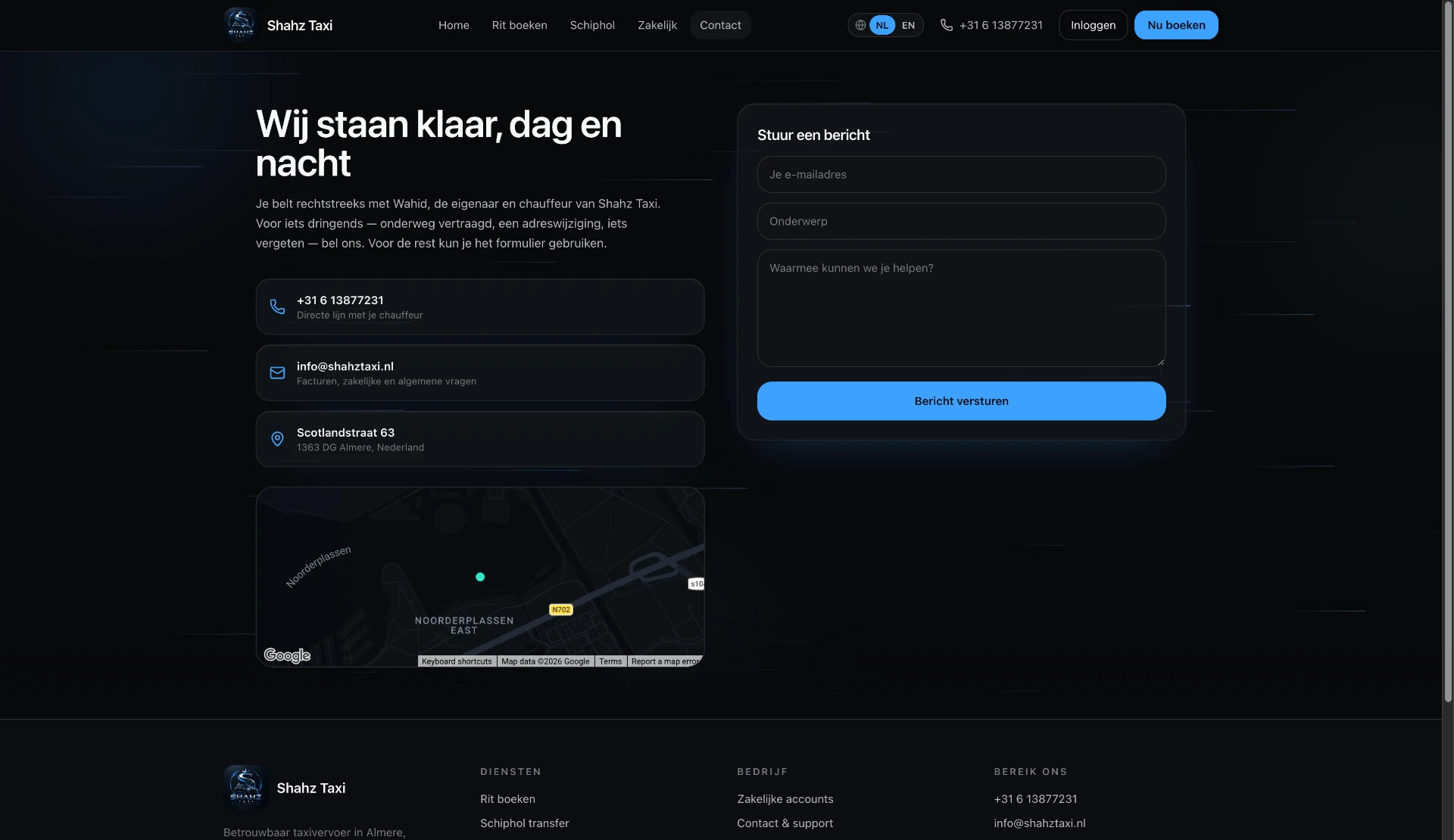 Shahz Taxi contact page with a message form, phone number, email address and map, captured on a desktop viewport.